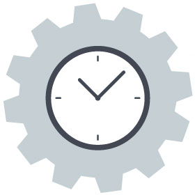a grey graphic showing a clock in a cog